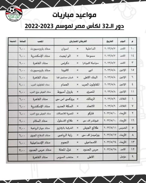 مواعيد مباريات دور الـ 32 من بطولة كأس مصر-صورة