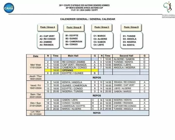 إتحاد اليد يعلن جدول مباريات الدور الاول لبطولة الأمم الأفريقية - صور