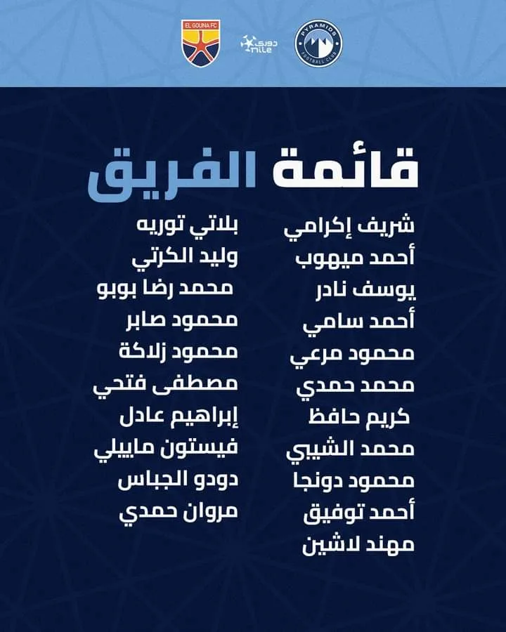 غياب رمضان صبحي !! ومصطفي فتحي يقود قائمة بيراميدز لمواجهة الجونة في الدوري المصري - صورة