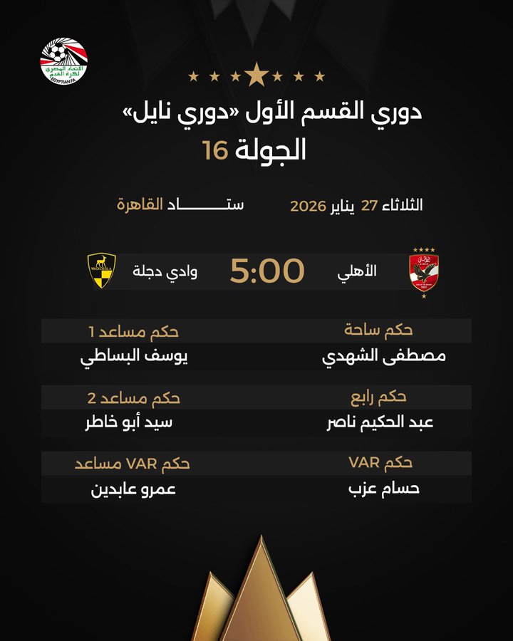 اتحاد الكرة يعلن حكم مباراة الأهلي أمام وادي دجلة.. إختيار مثير