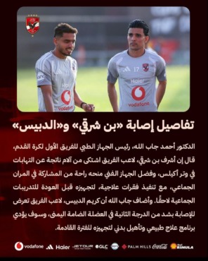 أزمة في الأهلي قبل القمة .. إصابة ثنائي الفريق والكشف عن التفاصيل 1 بيان مصور بشعار الأهلي وتفاصيل إصابتي أشرف بن شرقي وكريم الدبيس