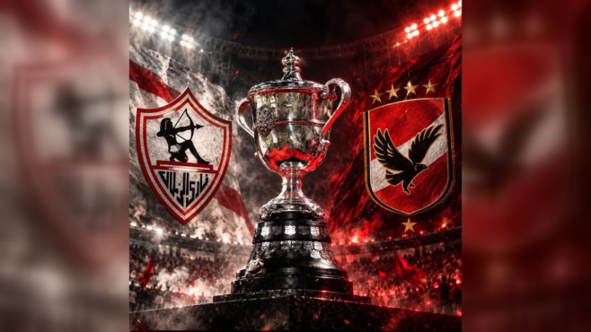 كأس مصر في المنتصف بين شعاري الزمالك والأهلي.