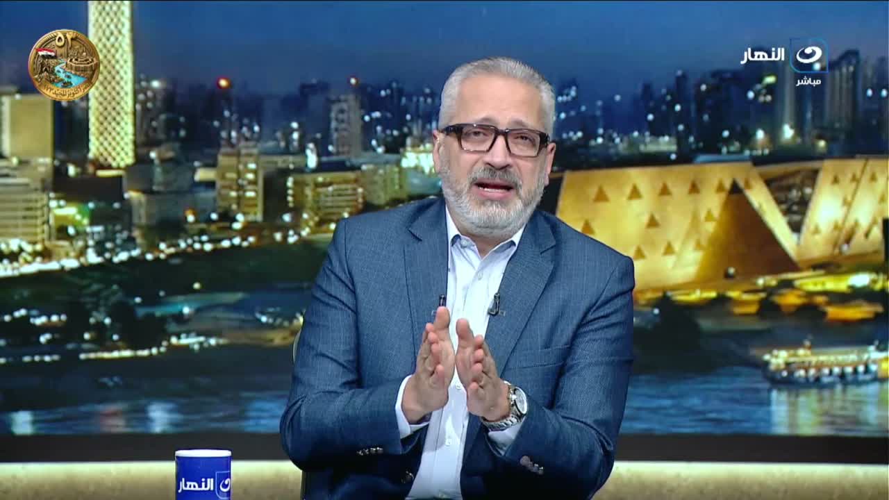 تامر أمين في استوديو قناة النهار خلال تعليقه على بيان الزمالك بعد مباراة القمة