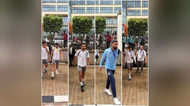 صورة من أربع لوحات تضم أفراد بعثة بيراميدز خارج مبنى