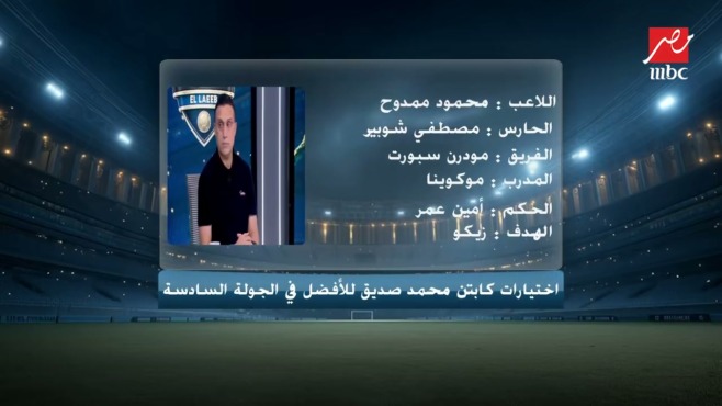 لوحة من برنامج اللعيب تعرض اختيارات كابتن محمد صديق للأفضل في الجولة السادسة وأسماء اللاعبين والفئات